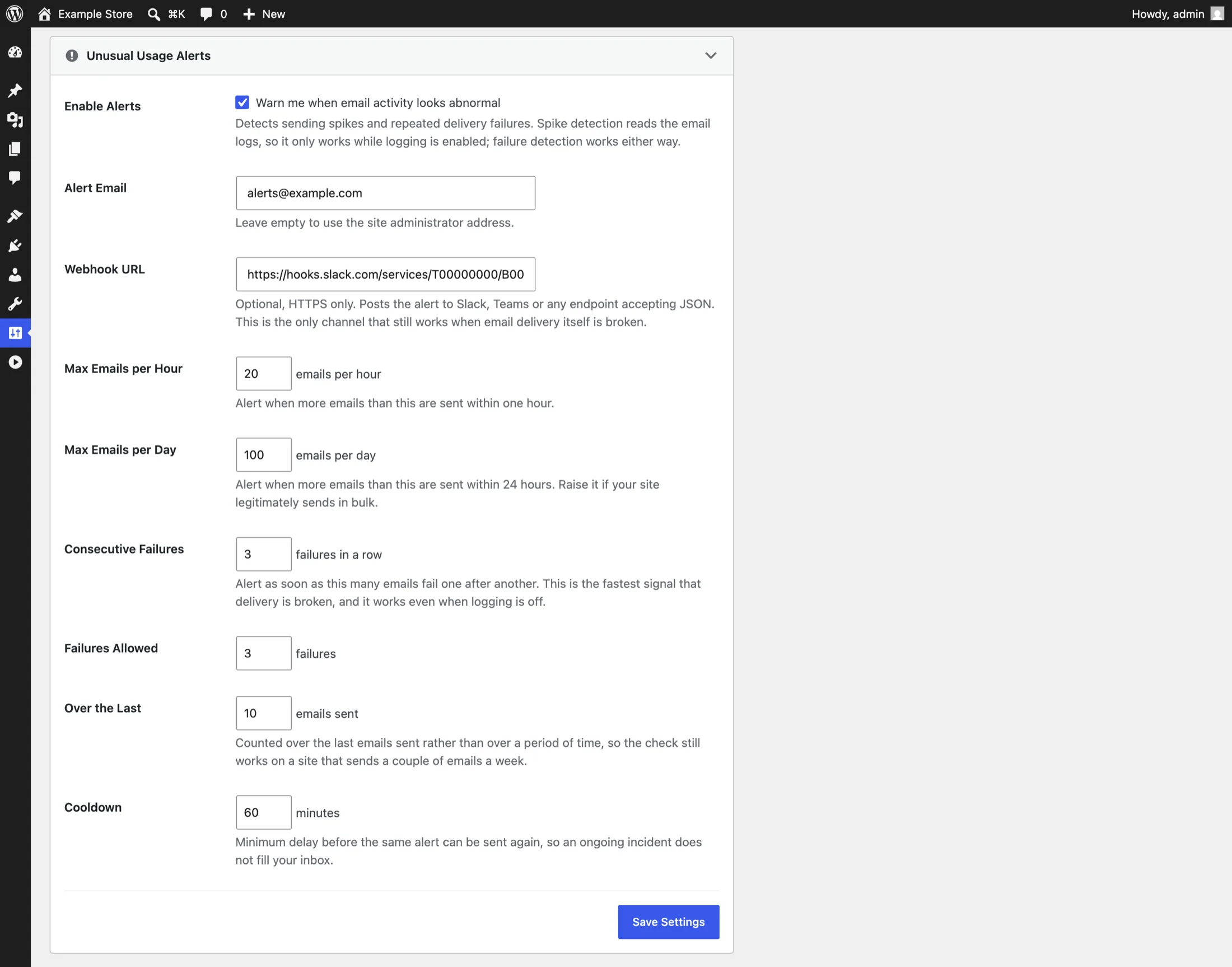 The Unusual Usage Alerts card: alert email and webhook URL, hourly and daily volume thresholds, consecutive-failure and failure-rate rules, and the cooldown between alerts.