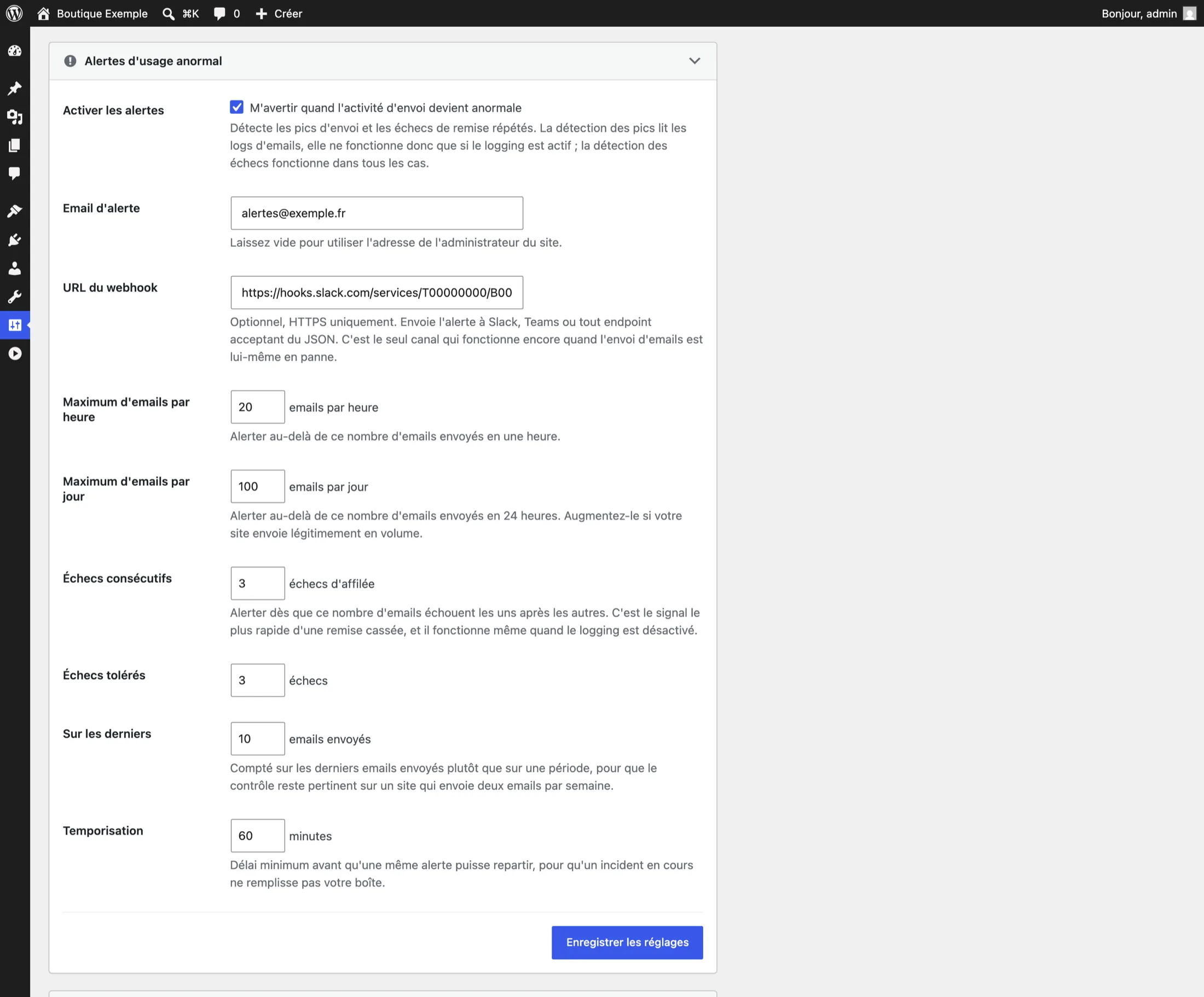 La carte Alertes d&rsquo;usage anormal : email d&rsquo;alerte et URL de webhook, seuils de volume par heure et par jour, règles d&rsquo;échecs consécutifs et de taux d&rsquo;échec, et la temporisation entre deux alertes.