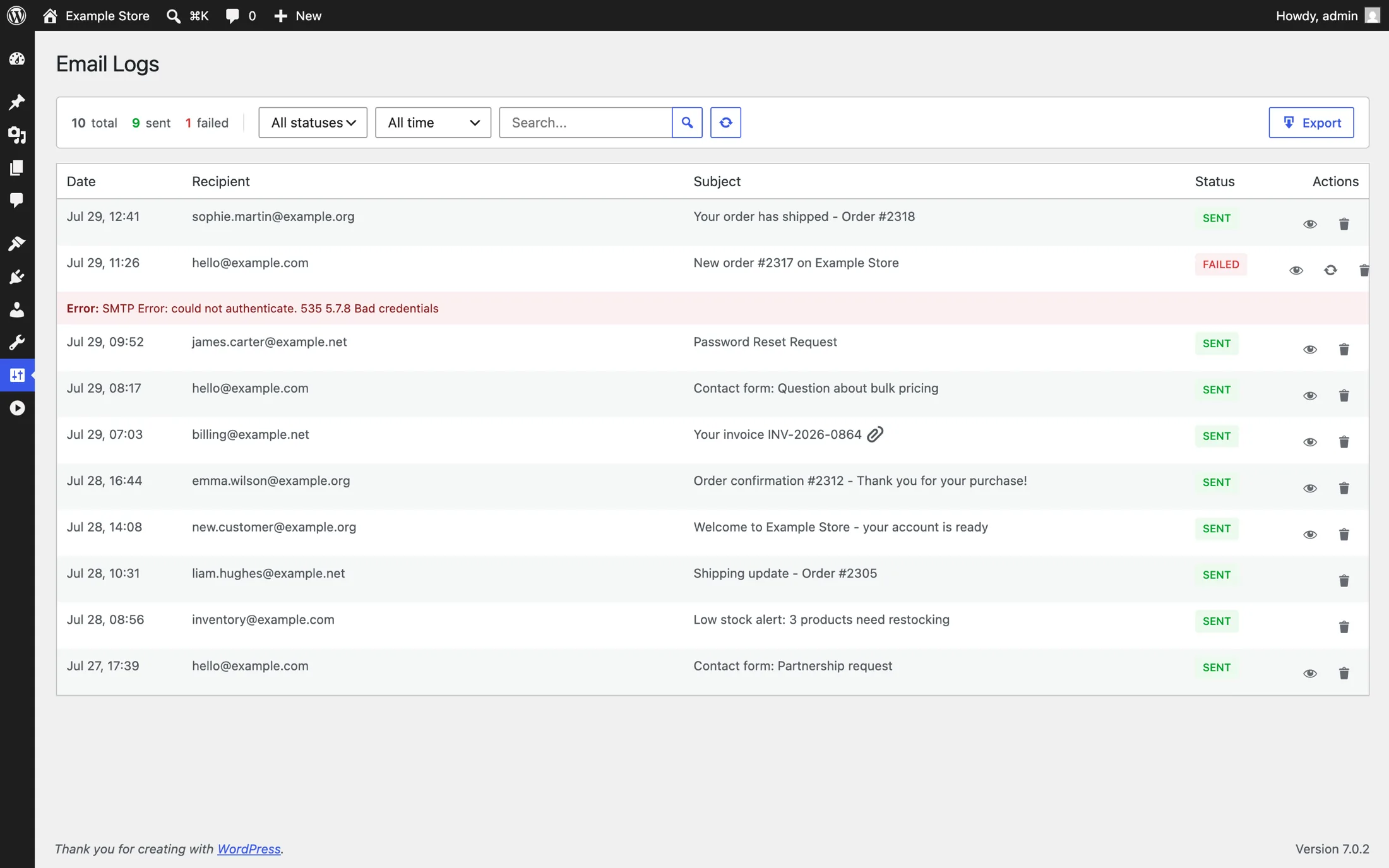 The Email Logs screen: counters for sent and failed messages, status and date filters, search, CSV export, and a failed row carrying the exact SMTP error returned by the server.