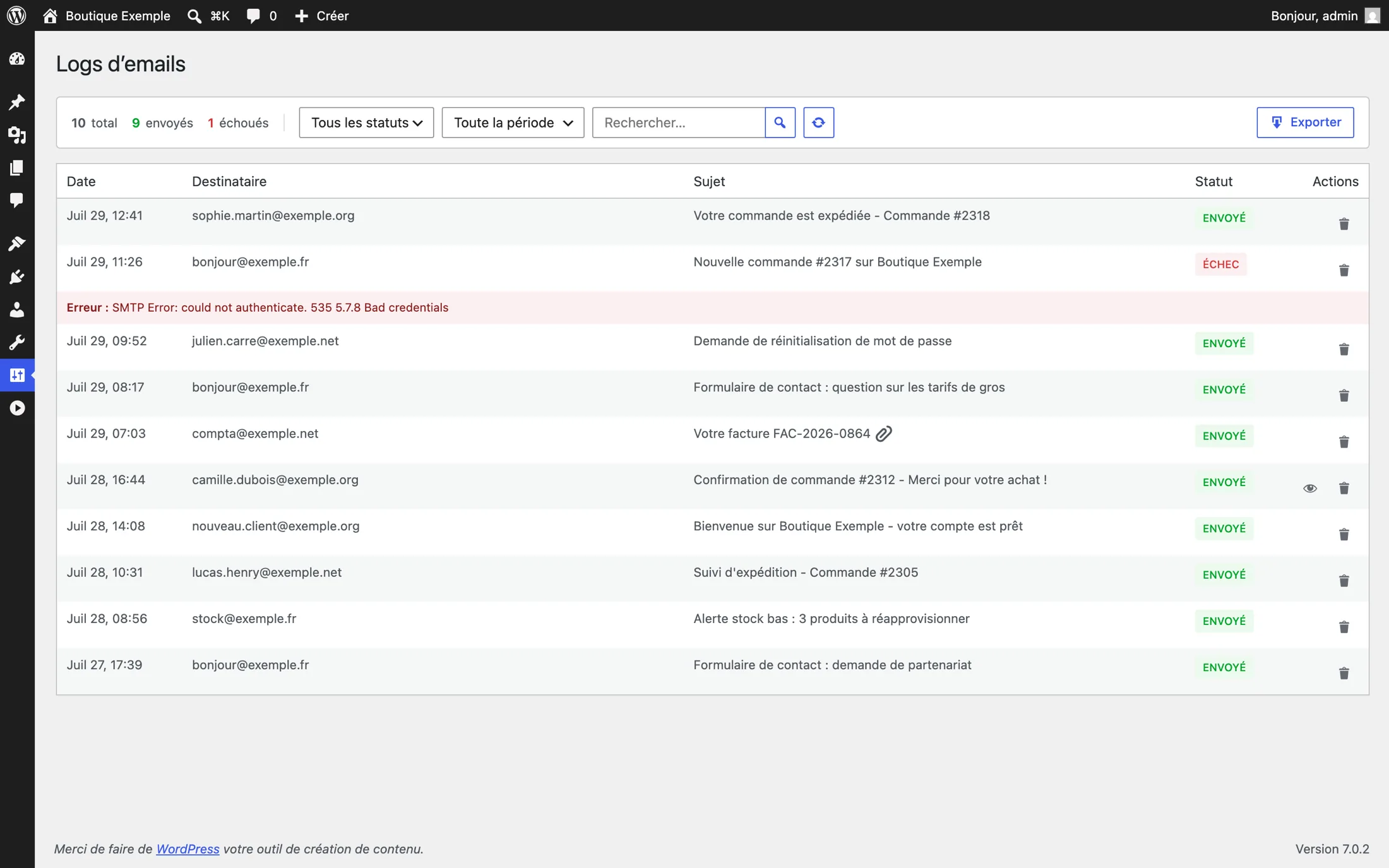 L&rsquo;écran Logs d&rsquo;emails : compteurs d&rsquo;envois et d&rsquo;échecs, filtres par statut et par période, recherche, export CSV, et une ligne en échec portant l&rsquo;erreur SMTP exacte renvoyée par le serveur.