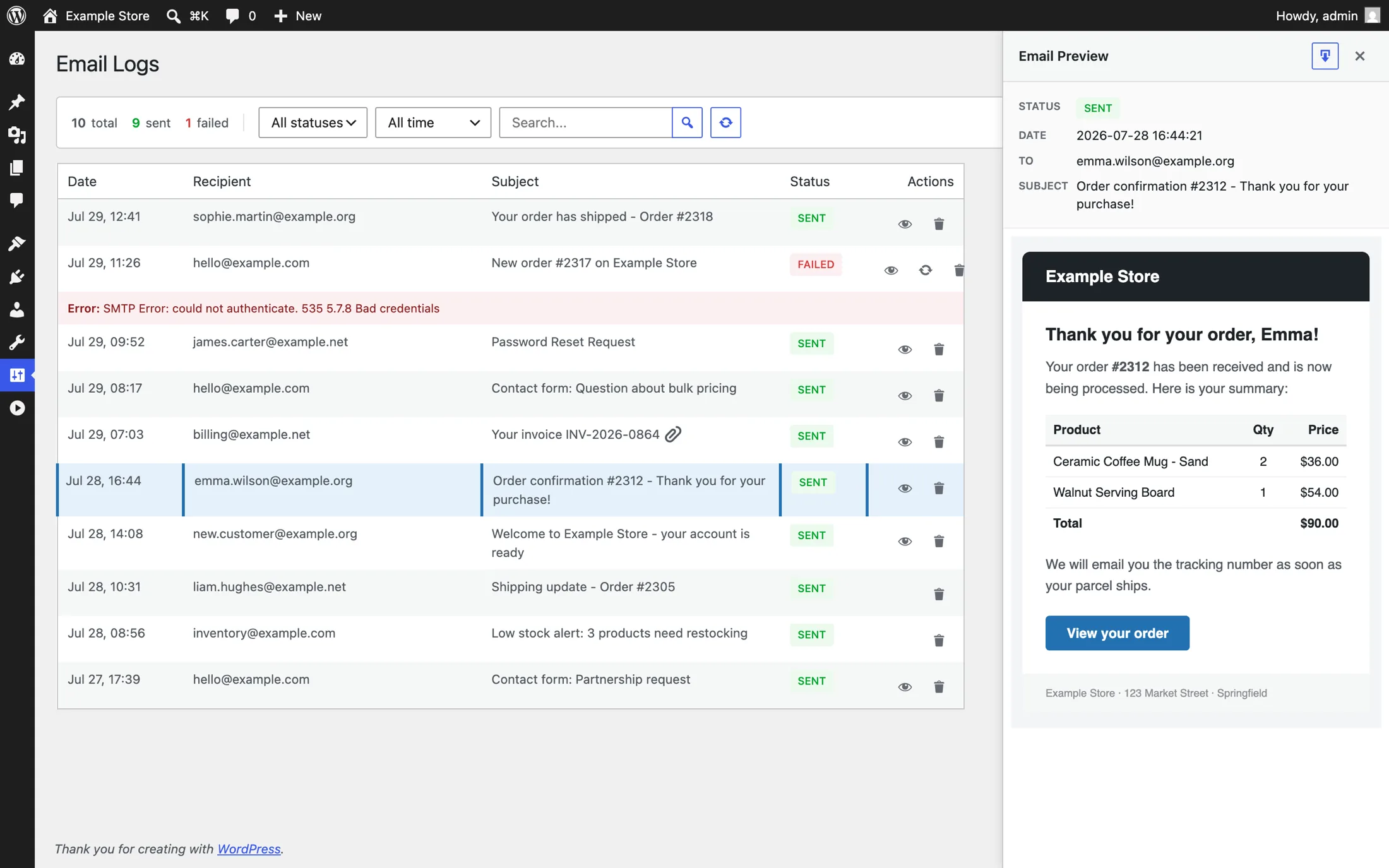 The Email Logs screen in wp-admin: every message listed with its status, a failed row showing the exact SMTP error, and the preview panel displaying an order confirmation email as the recipient received it.