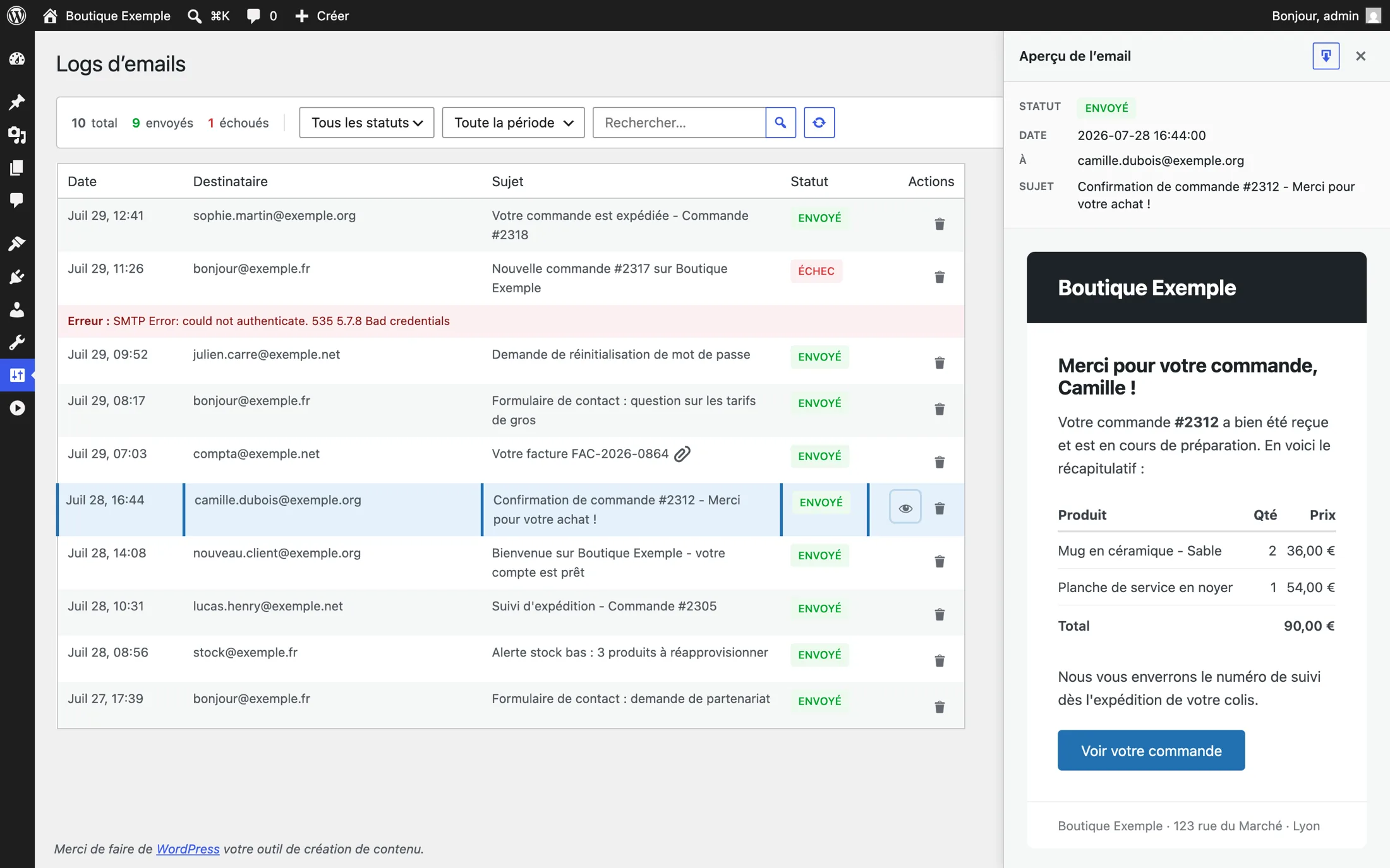 L’écran Logs d’emails dans wp-admin : chaque message listé avec son statut, une ligne en échec avec l’erreur SMTP exacte, et le panneau d’aperçu affichant une confirmation de commande telle que le destinataire l’a reçue.