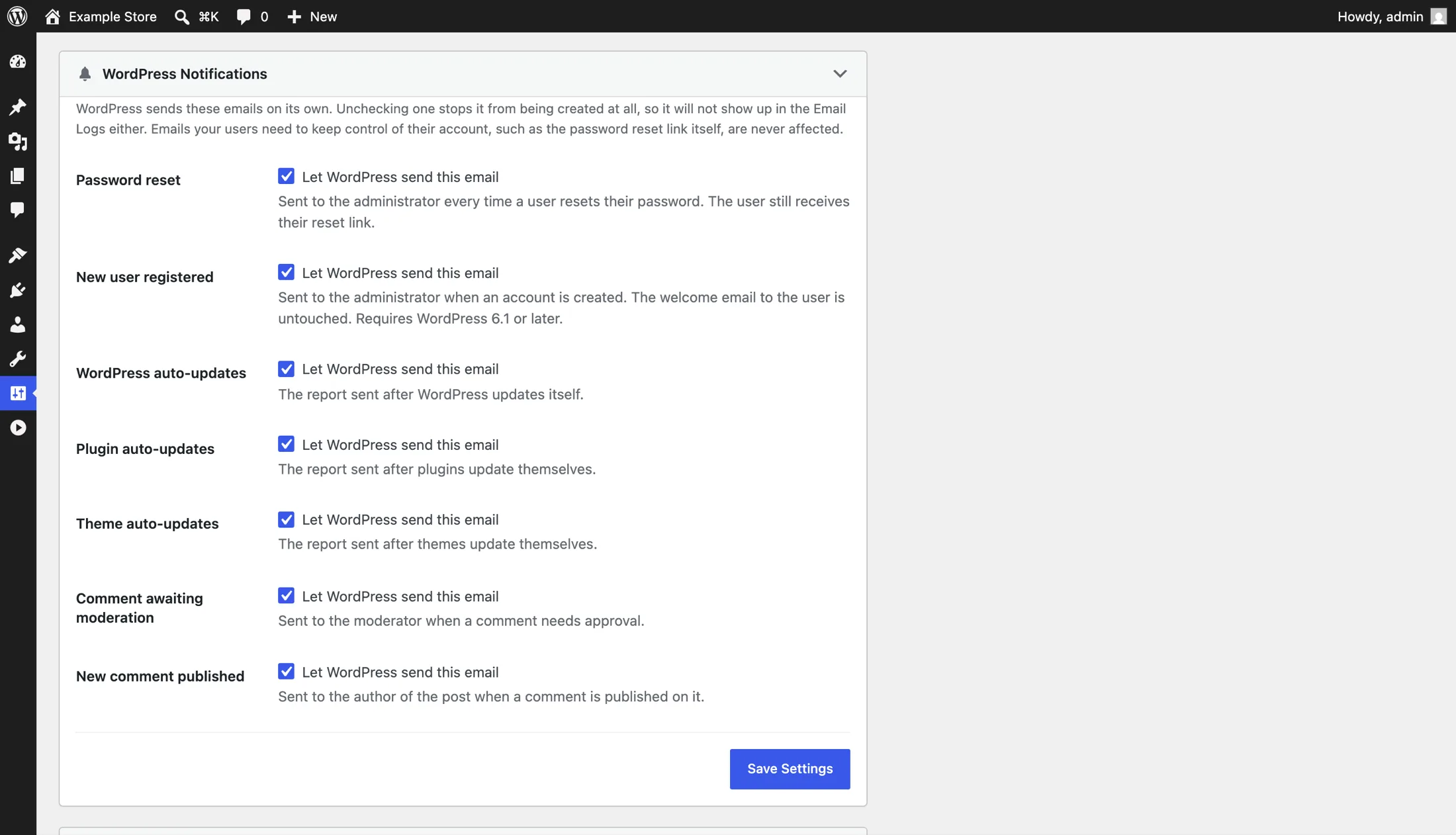 The WordPress Notifications card: one switch per automatic email, covering the password reset and new user notices to the administrator, the core, plugin and theme auto-update reports, and the two comment notifications.