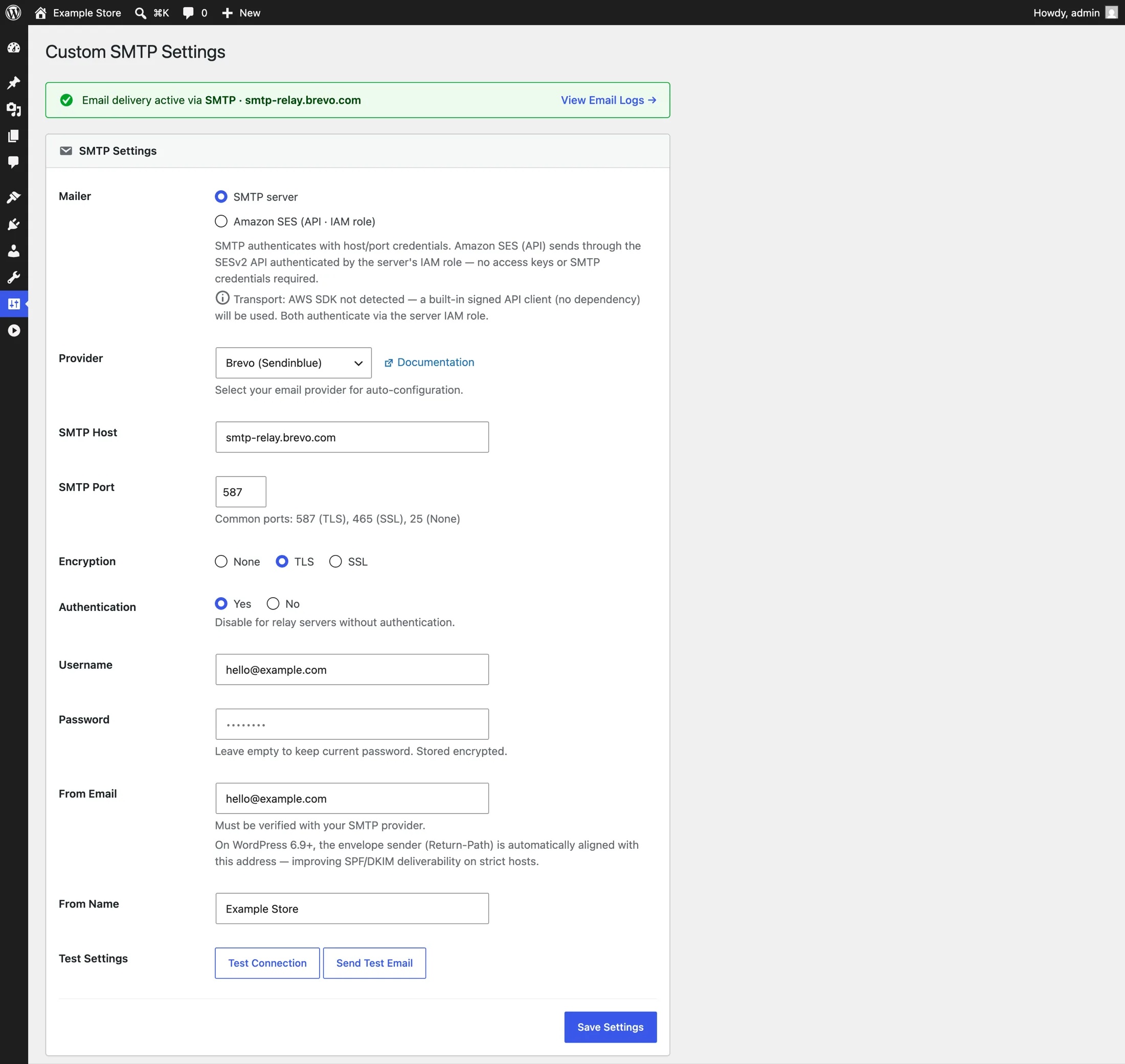 The Custom SMTP settings screen with the Brevo preset selected: host, port and encryption filled in automatically, and the green status bar confirming that email delivery is active.