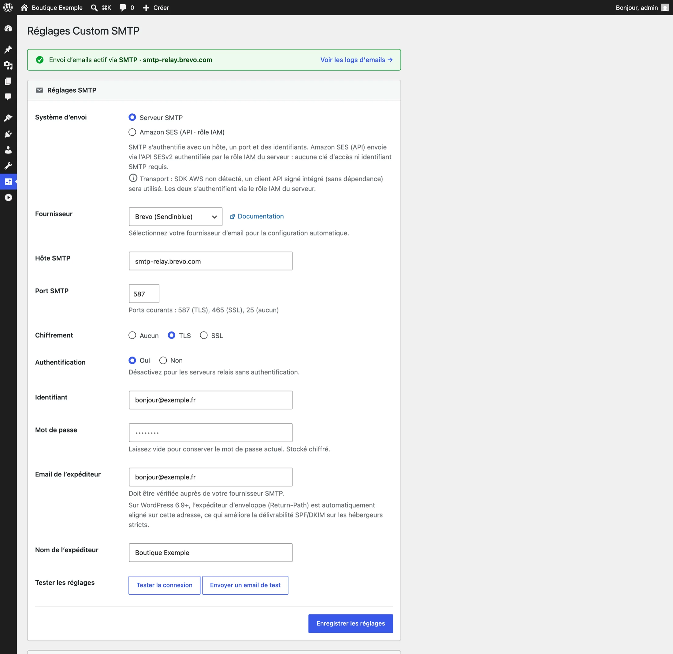 L&rsquo;écran de réglages Custom SMTP avec le preset Brevo sélectionné : hôte, port et chiffrement remplis automatiquement, et la barre d&rsquo;état verte confirmant que l&rsquo;envoi d&rsquo;emails est actif.